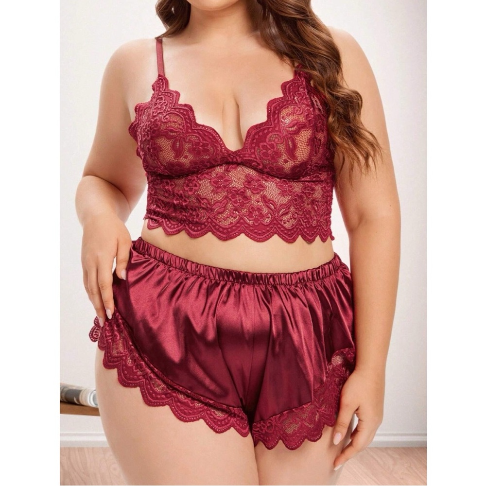 Red Sexy Sheer Floral Lace Bra And Satin Short Lingerie Set